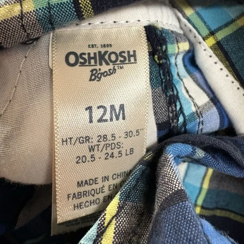OshKosh B'gosh Boys Blue Plaid Cotton Woven Sleeveless Button Overalls 9-12M